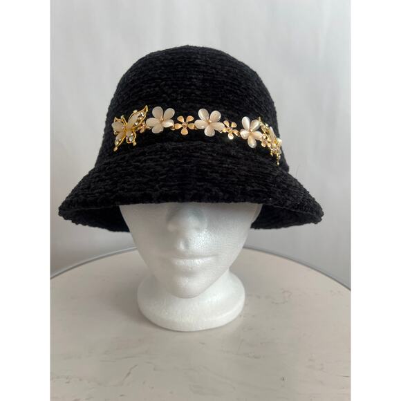 AUGUST HAT COMPANY BLACK W/ GOLD PEARL BUTTERFLY AND FLOWER EMBELLSHMENTS - Picture 1 of 10